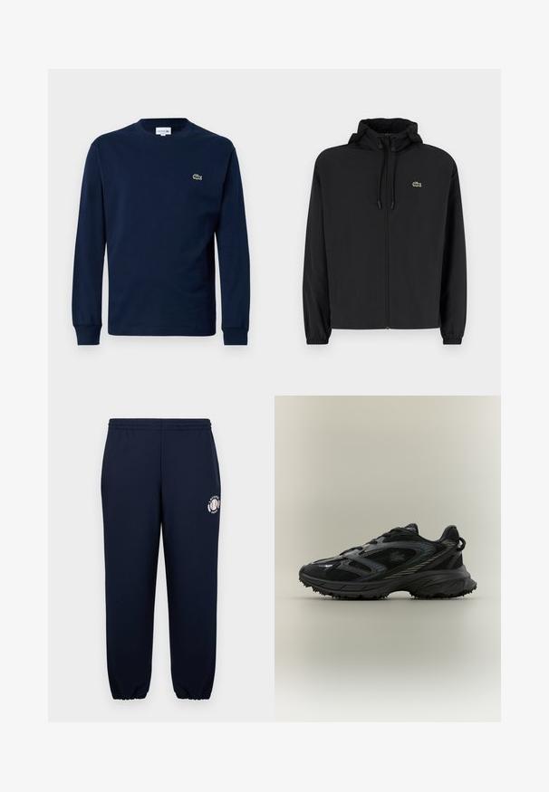 Sort zip-jakke med hætte, lavet af letvægtsmateriale. Har elastiske manchetter og et lille grønt logo på venstre bryst.; Marine langærmet t-shirt lavet af bomuld, med rund hals og et lille grønt krokodillelogo på venstre bryst.; Mørkeblå sweatpants lavet af blødt bomuld med elastiske manchetter og talje. Har et hvidt Lacoste Paris-logo på venstre ben.; Sort atletisk sko med meshpaneler, en tekstureret sål, snørebånd og en buet silhuet med sølvfarvede accenter på siderne.