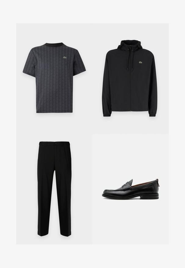 Sort zip-jakke med hætte, lavet af letvægtsmateriale. Har elastiske manchetter og et lille grønt logo på venstre bryst.; Sort kortærmet t-shirt med et geometrisk mønster og et grønt krokodille-logo, med en ensfarvet sort rund hals.; Sorte bukser lavet af glat stof, med lige snit, to forlommer og lynlås med knaplukning.; Sort læder herre loafer med moc-tå syning, penny strop, struktureret krave og lav stablet hæl på hvid baggrund.