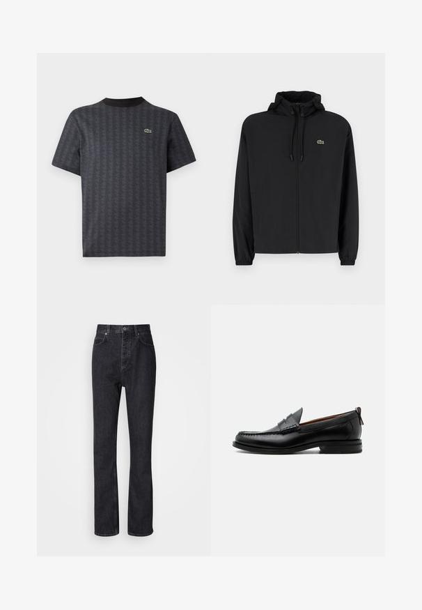 Sort zip-jakke med hætte, lavet af letvægtsmateriale. Har elastiske manchetter og et lille grønt logo på venstre bryst.; Sort kortærmet t-shirt med et geometrisk mønster og et grønt krokodille-logo, med en ensfarvet sort rund hals.; Høj talje sorte denim jeans med knap- og lynlåsåbning, for- og baglommer samt lige ben.; Sort læder herre loafer med moc-tå syning, penny strop, struktureret krave og lav stablet hæl på hvid baggrund.