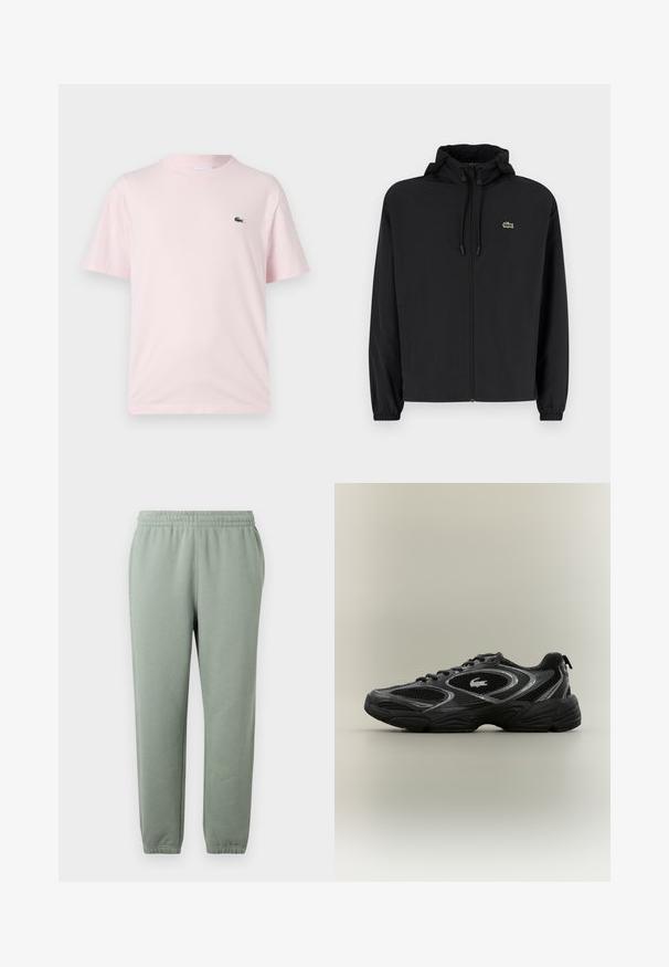 Chaqueta negra con cremallera y capucha, hecha de material ligero. Cuenta con puños elásticos y un pequeño logo verde en el lado izquierdo del pecho.; Camiseta de algodón de color rosa claro con mangas cortas. Presenta un pequeño logo bordado en verde en el lado izquierdo del pecho. Diseño de cuello redondo.; Pantalones de chándal verde claro con una cinturilla elástica, piernas ajustadas y puños en los tobillos. Fabricados con un tejido suave y ligero.; Zapatilla deportiva negra y gris con paneles de malla, diseño de cordones, suela gruesa y un pequeño logo de cocodrilo en el costado.