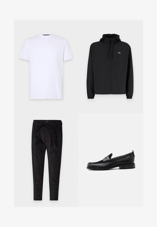 Schwarze Zip-Jacke mit Kapuze, aus leichtem Material hergestellt. Verfügt über elastische Bündchen und ein kleines grünes Logo auf der linken Brust.; Weißes Baumwoll-T-Shirt mit kurzen Ärmeln, rundem Halsausschnitt, mit einem dezenten eingeprägten Logo auf der linken Brust, glatte Textur.; Schwarze Cordhosen mit strukturierter Oberfläche, mit geradem Bein, gefälteltem Vorderteil und elastischem Bund für hohen Tragekomfort.; Schwarzer Lederloafer mit grauem Riemendetail, niedrigem Absatz und strukturierter Sohle, seitlich mit „HUGO“ in Gold gebrandmarkt.