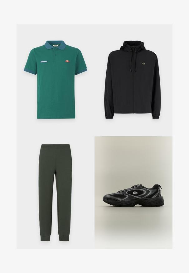 Sort zip-jakke med hætte, lavet af letvægtsmateriale. Har elastiske manchetter og et lille grønt logo på venstre bryst.; Grøn polo shirt lavet af bomuld med en kontrasterende blå krave og manchetter. Har et broderet logo og et lille farverigt design på brystet.; Grønne joggingbukser med elastisk talje og manchetter, der har en glat tekstur og et tonalt logodetalje på venstre lår.; Sort og grå atletisk sneaker med mesh-paneler, snørebåndsdesign, tyk sål og et lille krokodillelogo på siden.