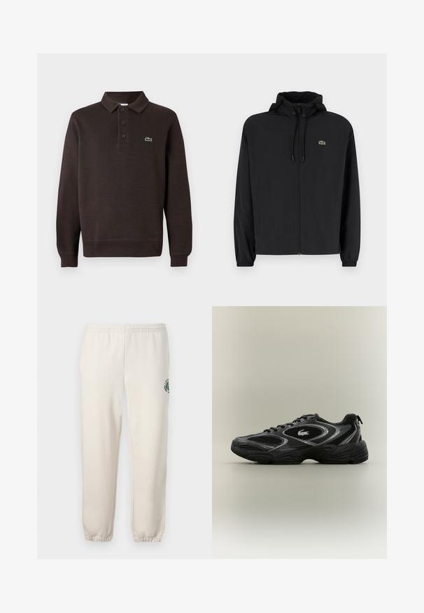 Chaqueta negra con cremallera y capucha, hecha de material ligero. Cuenta con puños elásticos y un pequeño logo verde en el lado izquierdo del pecho.; Camisa polo de manga larga marrón hecha de tejido texturizado, con un pletina de tres botones y un pequeño logo de Lacoste en el pecho.; Pantalones de chándal de color beige claro, hechos de algodón, con una cinturilla elástica, puños acanalados y un logo verde con diseño de hoja en la pierna izquierda.; Zapatilla deportiva negra y gris con paneles de malla, diseño de cordones, suela gruesa y un pequeño logo de cocodrilo en el costado.