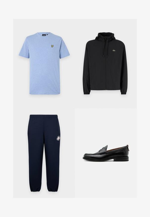 Mustmust jacket, millel näpsuga, kergest materjalist. Omab elastseid mansette ja väikest rohelist logo vasakul rinnal.; Hele sinine lühikeste varrukatega t-särk ümmarguse kaelusega, millel on vasakul rinnal väike kollase ja musta linnu logo.; Tumedad sinised spordipüksid, mis on valmistatud pehmest puuvillast, kummist sääre- ja vööosaga. Vasakul jalal on valge Lacoste Paris logo.; Mustast nahast meeste mokasiin, millel on moc varbaõmblus, penny rihm, tekstuuriga krae ja madal virnastatud konts valgel taustal.