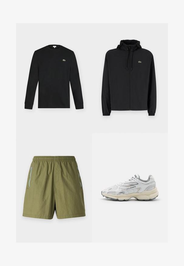 Veste noire à fermeture éclair avec capuche, fabriquée en matériau léger. Présente des poignets élastiques et un petit logo vert sur la poitrine gauche.; T-shirt noir manches longues à col rond avec un petit logo crocodile vert sur la poitrine gauche, présenté sur un fond clair uni.; Shorts vert olive avec une taille élastique, poches latérales zippées et un tissu léger et texturé.; Baskets de sport blanches avec des accents gris, tige en maille et synthétique, design à lacets et semelle en caoutchouc texturée avec motifs de traction.