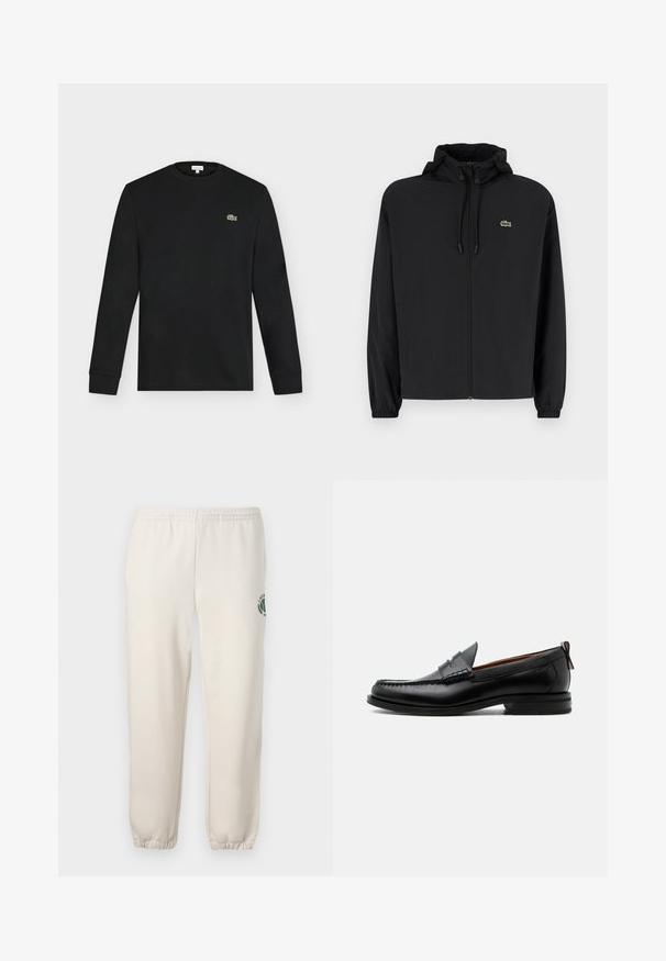 Schwarze Zip-Jacke mit Kapuze, aus leichtem Material hergestellt. Verfügt über elastische Bündchen und ein kleines grünes Logo auf der linken Brust.; Schwarzes Langarmshirt mit Rundhalsausschnitt und kleinem grünen Krokodil-Logo auf der linken Brust, vor einem einfarbigen hellen Hintergrund dargestellt.; Helle beige Sweatpants aus Baumwolle mit einem elastischen Bund, gerippten Bündchen und einem grünen Logo mit Blattdesign am linken Bein.; Schwarzer Leder-Herrenschuh mit Mokassinnaht, Penny-Riemen, strukturiertem Kragen und niedrigem gestapeltem Absatz auf weißem Hintergrund.