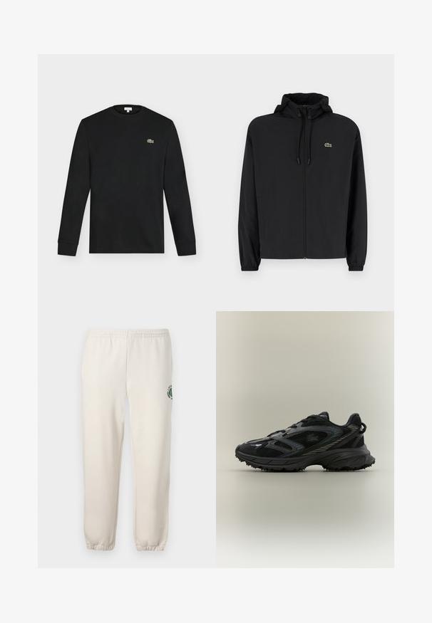 Schwarze Zip-Jacke mit Kapuze, aus leichtem Material hergestellt. Verfügt über elastische Bündchen und ein kleines grünes Logo auf der linken Brust.; Schwarzes Langarmshirt mit Rundhalsausschnitt und kleinem grünen Krokodil-Logo auf der linken Brust, vor einem einfarbigen hellen Hintergrund dargestellt.; Helle beige Sweatpants aus Baumwolle mit einem elastischen Bund, gerippten Bündchen und einem grünen Logo mit Blattdesign am linken Bein.; Schwarzer Sportschuh mit Netz панели, einer strukturierten Sohle, Schnürsenkeln und einer geschwungenen Silhouette mit silbernen Akzenten an den Seiten.