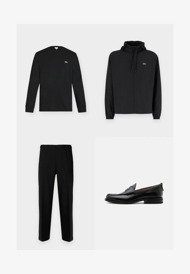 Schwarze Zip-Jacke mit Kapuze, aus leichtem Material hergestellt. Verfügt über elastische Bündchen und ein kleines grünes Logo auf der linken Brust.; Schwarzes Langarmshirt mit Rundhalsausschnitt und kleinem grünen Krokodil-Logo auf der linken Brust, vor einem einfarbigen hellen Hintergrund dargestellt.; Schwarze Hosen aus glattem Stoff, mit geradem Schnitt, zwei vorderen Taschen und einem Reißverschluss mit Knopfverschluss.; Schwarzer Leder-Herrenschuh mit Mokassinnaht, Penny-Riemen, strukturiertem Kragen und niedrigem gestapeltem Absatz auf weißem Hintergrund.