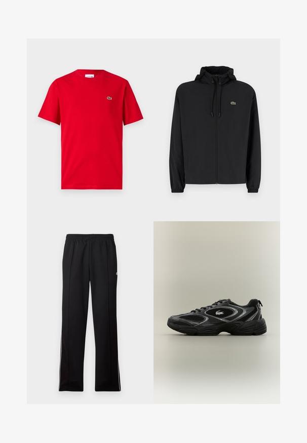 Schwarze Zip-Jacke mit Kapuze, aus leichtem Material hergestellt. Verfügt über elastische Bündchen und ein kleines grünes Logo auf der linken Brust.; Rotes Baumwoll-T-Shirt mit kurzen Ärmeln, Rundhalsausschnitt und kleinem grünen Krokodil-Logo auf der linken Brust. Glatte Textur, lässige Passform.; Schwarze, knöchellange Sporthosen mit elastischem Bund und weißen Seitenstreifen, versehen mit einem kleinen grünen Logo auf der oberen Seite.; Schwarzer und grauer Sportschuh mit Netzpaneelen, Schnürdesign, dicker Sohle und einem kleinen Krokodil-Logo an der Seite.