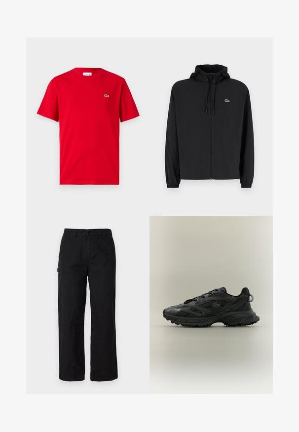 Schwarze Zip-Jacke mit Kapuze, aus leichtem Material hergestellt. Verfügt über elastische Bündchen und ein kleines grünes Logo auf der linken Brust.; Rotes Baumwoll-T-Shirt mit kurzen Ärmeln, Rundhalsausschnitt und kleinem grünen Krokodil-Logo auf der linken Brust. Glatte Textur, lässige Passform.; Schwarze Baumwoll-Cargohosen mit geradem Bein, ausgestattet mit Seitentaschen und einem vorderen Knopfverschluss. Langlebiger Stoff mit einer glatten Textur.; Schwarzer Sportschuh mit strukturiertem Obermaterial, eleganten Linien, Schnürverschluss und Gummilaufsohle mit Traktionsspikes. Prägung des Logodesigns.