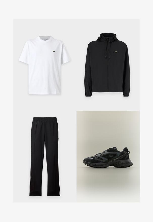 Zwarte zip-up jas met een capuchon, gemaakt van lichtgewicht materiaal. Heeft elastische manchetten en een klein groen logo op de linkerborst.; Effen wit T-shirt met korte mouwen, ronde hals en klein groen krokodillenlogo op de linkerborst.; Zwarte sportleggings van volledige lengte met een elastische tailleband en witte zijstrepen, met een klein groen logo aan de bovenkant.; Zwarte sportieve schoen met meshpanelen, een gestructureerde zool, veters en een gebogen silhouet met zilveren accenten aan de zijkanten.