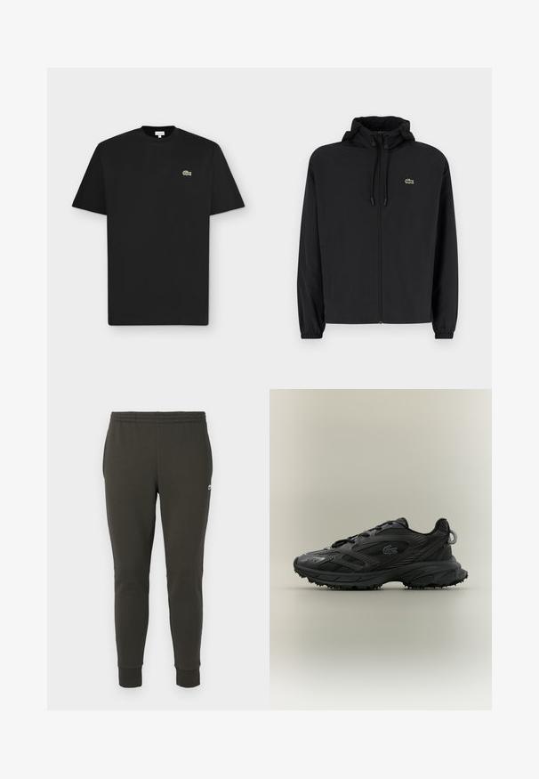 Veste noire à fermeture éclair avec capuche, fabriquée en matériau léger. Présente des poignets élastiques et un petit logo vert sur la poitrine gauche.; T-shirt noir à manches courtes avec col rond et petit logo crocodile vert sur le côté gauche de la poitrine sur fond gris clair.; Jogging en vert foncé en tissu doux, avec une taille élastique, des poignets côtelés et un petit logo sur le côté.; Chaussure de sport noire dotée d'une tige texturée avec des lignes épurées, fermeture à lacets, et semelle en caoutchouc avec pointes de traction. Détail de logo en relief.