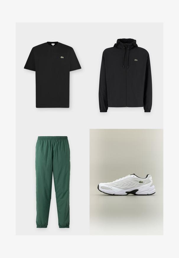 Sort zip-jakke med hætte, lavet af letvægtsmateriale. Har elastiske manchetter og et lille grønt logo på venstre bryst.; Sort kortærmet crew neck t-shirt med et lille grønt krokodil-logo på venstre bryst på en lysegrå baggrund.; Grønne, lette, elastiske bukser med en rynket talje og manchetter, lavet af et glat, vandafvisende materiale.; Hvide atletiske sko med tekstureret mesh-overdel, buet design og kontrasterende sort ydersål. Har en grøn broderet logo på siden.