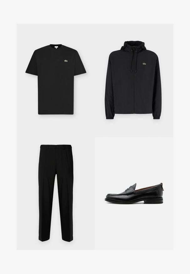 Zwarte zip-up jas met een capuchon, gemaakt van lichtgewicht materiaal. Heeft elastische manchetten en een klein groen logo op de linkerborst.; Zwarte korte mouw T-shirt met een ronde hals en een klein groen krokodillenlogo op de linkerborst op een lichtgrijze achtergrond.; Zwarte broek van gladde stof, met een rechte snit, twee voorzakken en een ritssluiting met knoopsluiting.; Zwarte leren herensloffen met moc toe stiksel, pennyriem, gestructureerde kraag en lage gestapelde hak op witte achtergrond.