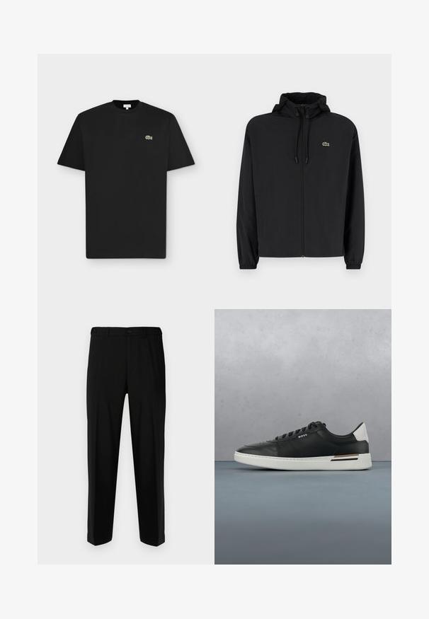 Schwarze Zip-Jacke mit Kapuze, aus leichtem Material hergestellt. Verfügt über elastische Bündchen und ein kleines grünes Logo auf der linken Brust.; Schwarzes kurzärmliges T-Shirt mit Rundhalsausschnitt und kleinem grünem Krokodil-Logo auf der linken Brust auf hellgrauem Hintergrund.; Schwarze Hosen aus glattem Stoff, mit geradem Schnitt, zwei vorderen Taschen und einem Reißverschluss mit Knopfverschluss.; Schwarze Ledersneaker mit weißer Sohle, ausgestattet mit Perforationen, Schnürdesign, Logo an der Seite und kontrastierenden Fersendetails in Weiß und Braun.