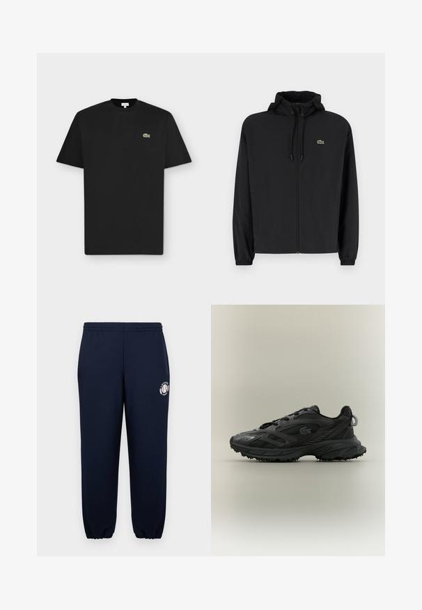 Veste noire à fermeture éclair avec capuche, fabriquée en matériau léger. Présente des poignets élastiques et un petit logo vert sur la poitrine gauche.; T-shirt noir à manches courtes avec col rond et petit logo crocodile vert sur le côté gauche de la poitrine sur fond gris clair.; Pantalon de survêtement bleu marine en coton doux avec des poignets et une ceinture élastiques. Arborant un logo blanc Lacoste Paris sur la jambe gauche.; Chaussure de sport noire dotée d'une tige texturée avec des lignes épurées, fermeture à lacets, et semelle en caoutchouc avec pointes de traction. Détail de logo en relief.