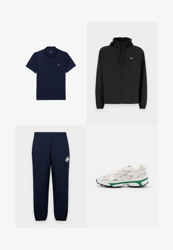Sort zip-jakke med hætte, lavet af letvægtsmateriale. Har elastiske manchetter og et lille grønt logo på venstre bryst.; Mørkeblå polo-shirt lavet af bomuld; har en klassisk krave, korte ærmer og et lille hvidt broderet logo på venstre bryst.; Mørkeblå sweatpants lavet af blødt bomuld med elastiske manchetter og talje. Har et hvidt Lacoste Paris-logo på venstre ben.; Hvide sneakers med grønne accenter og sort gummisål. Har mesh- og syntetiske paneler med en struktureret overflade og synlige sømme.