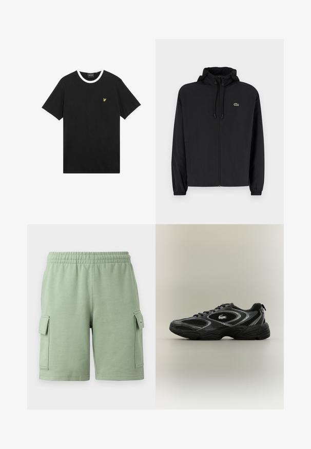 Zwarte zip-up jas met een capuchon, gemaakt van lichtgewicht materiaal. Heeft elastische manchetten en een klein groen logo op de linkerborst.; Zwart T-shirt met witte kraag en mouwranden, gemaakt van katoen. Voorzien van een klein geel geborduurd adelaarlogo op de borst.; Groene katoenen shorts met een elastische tailleband, twee zijvakjes en een klein logo op de linker broekzak.; Zwarte en grijze sport sneaker met meshpanelen, vetersluiting, dikke zool en een klein krokodillologo aan de zijkant.