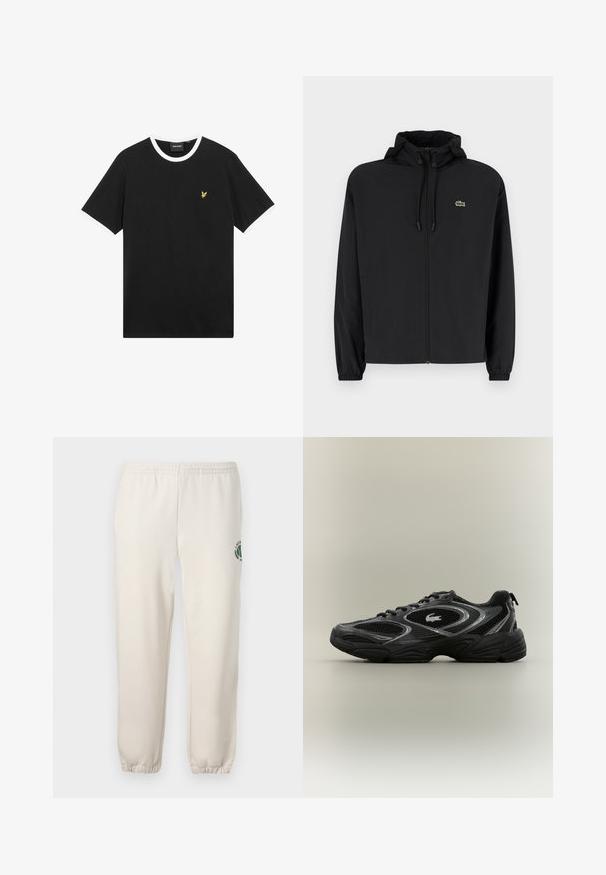Sort zip-jakke med hætte, lavet af letvægtsmateriale. Har elastiske manchetter og et lille grønt logo på venstre bryst.; Sort T-shirt med hvid krave og ærmekanter, lavet af bomuld. Har en lille gul broderet ørnelogo på brystet.; Lys beige sweatpants lavet af bomuld, med elastisk talje, ribbede mansjetter og et grønt logo med bladdesign på venstre ben.; Sort og grå atletisk sneaker med mesh-paneler, snørebåndsdesign, tyk sål og et lille krokodillelogo på siden.