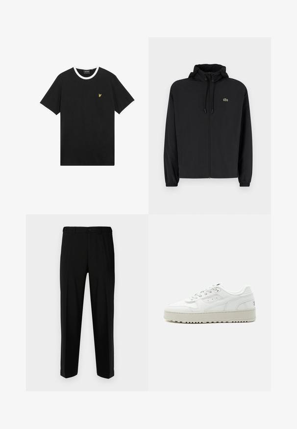 Sort zip-jakke med hætte, lavet af letvægtsmateriale. Har elastiske manchetter og et lille grønt logo på venstre bryst.; Sort T-shirt med hvid krave og ærmekanter, lavet af bomuld. Har en lille gul broderet ørnelogo på brystet.; Sorte bukser lavet af glat stof, med lige snit, to forlommer og lynlås med knaplukning.; Hvid lavtop sneakers med tyk sål, snørre foran, perforerede detaljer og polstret krave på en ensartet lys grå baggrund.