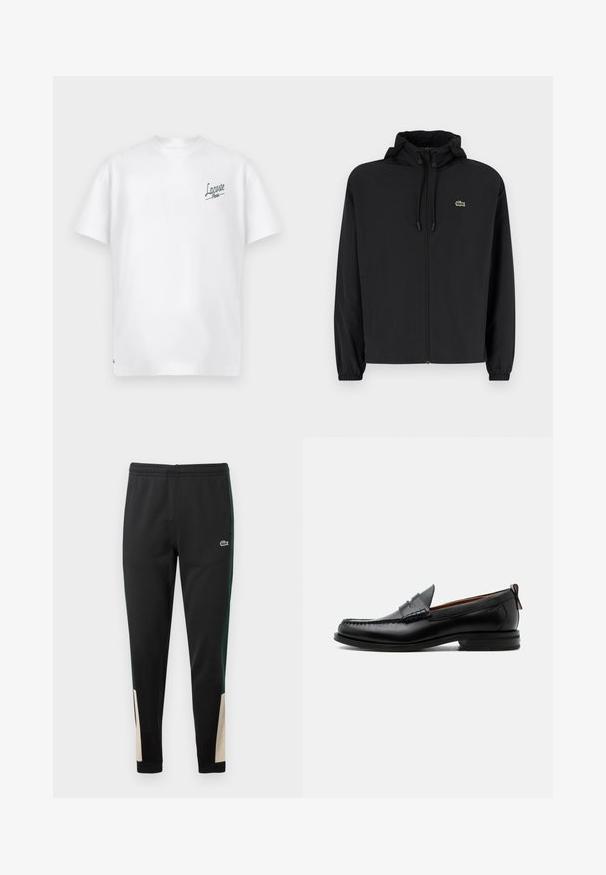 Zwarte zip-up jas met een capuchon, gemaakt van lichtgewicht materiaal. Heeft elastische manchetten en een klein groen logo op de linkerborst.; Witte katoenen t-shirt met een ronde hals en korte mouwen. Heeft een groen "Lacoste Paris" logo op de linkerborst. Zachte textuur.; Zwarte sweatpants met groene zijstrepen en beige accenten bij de boorden. Elastische tailleband en Lacoste-logo aan de voorkant. Glad textuur.; Zwarte leren herensloffen met moc toe stiksel, pennyriem, gestructureerde kraag en lage gestapelde hak op witte achtergrond.
