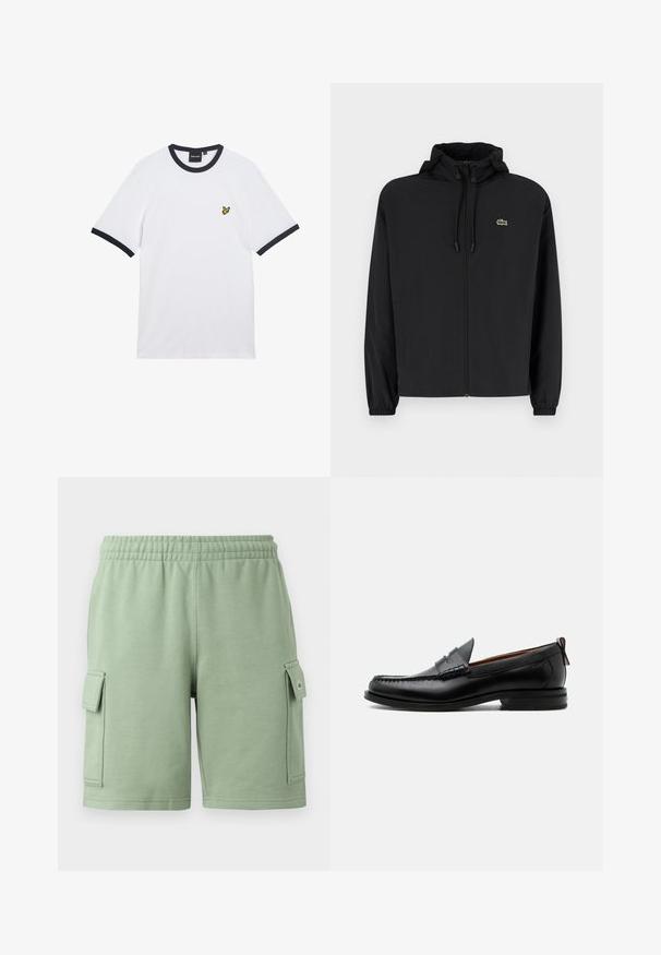 Chaqueta negra con cremallera y capucha, hecha de material ligero. Cuenta con puños elásticos y un pequeño logo verde en el lado izquierdo del pecho.; Camiseta blanca de algodón con cuello y bordes de las mangas en canalé azul marino. Cuenta con un pequeño logo bordado amarillo en el pecho.; Pantalones cortos de algodón verde con una cintura elástica, dos bolsillos laterales tipo cargo y un pequeño detalle de logo en el bolsillo izquierdo.; Mocasín de hombre de piel negra con costura moc toe, tira penny, cuello texturizado y tacón bajo apilado sobre fondo blanco.