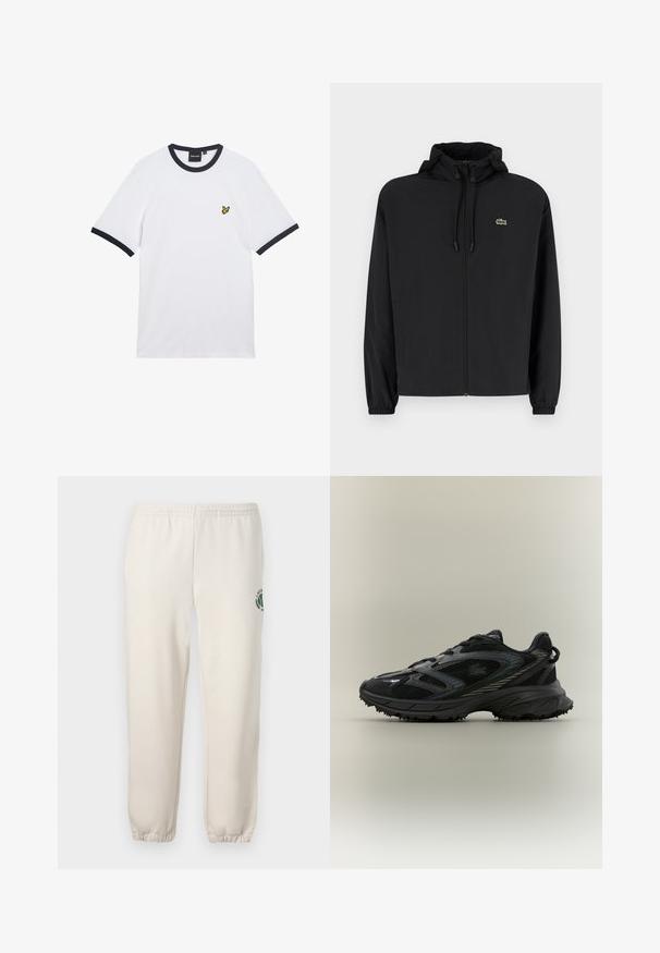 Veste noire à fermeture éclair avec capuche, fabriquée en matériau léger. Présente des poignets élastiques et un petit logo vert sur la poitrine gauche.; T-shirt en coton blanc avec col et bordures des manches côtelés bleu marine. Présente un petit logo jaune brodé sur la poitrine.; Pantalon de jogging beige clair en coton, doté d'une taille élastique, de poignets en côtes et d'un logo vert avec un design de feuille sur la jambe gauche.; Chaussure de sport noire avec des panneaux en mesh, une semelle texturée, des lacets et une silhouette courbée avec des accents argentés sur les côtés.