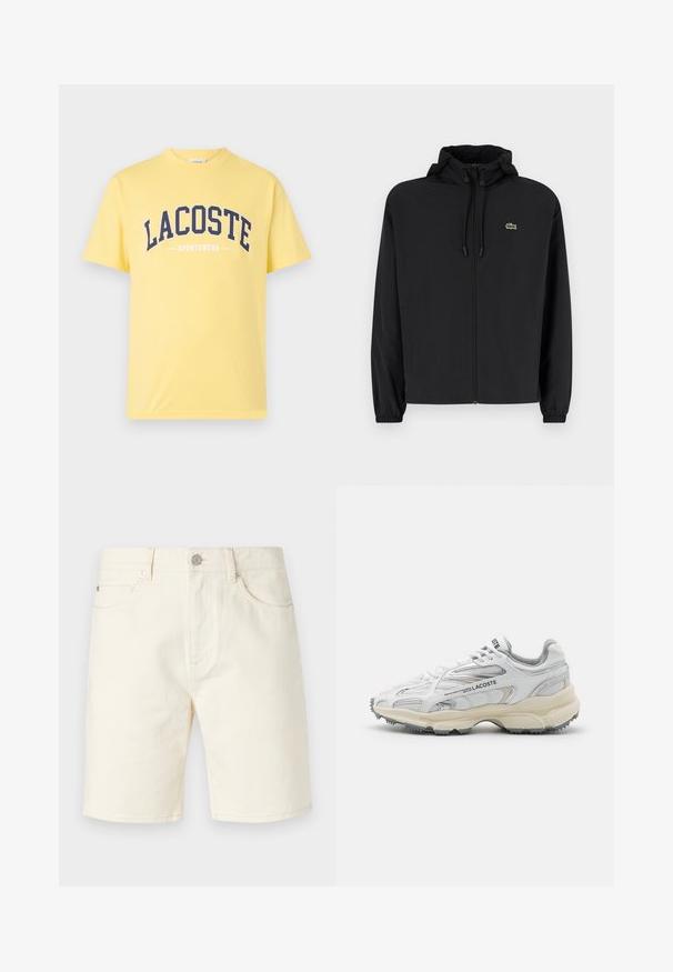 Sort zip-jakke med hætte, lavet af letvægtsmateriale. Har elastiske manchetter og et lille grønt logo på venstre bryst.; Gul bomulds T-shirt med navy blå "LACOSTE" logo og "SPORTSWEAR" tekst nedenfor. Enkel design med rund hals og korte ærmer.; Lys beige denim shorts med klassisk skæring, der har frontendepoker, bæltesløjfer og knaplukning. Glat tekstur med ensfarvet farve.; Hvide sportssko med grå detaljer, overdel i mesh og syntetiske materialer, snørebåndsdesign og tekstureret gummisål med grebemønstre.