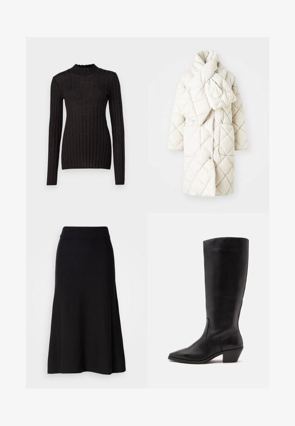 Manteau en doudoune matelassée de couleur crème douce, avec un col haut, deux poches avant et des boutons. Texture légère et lisse avec un motif géométrique.; Pull noir à manches longues côtelé avec un col haut et volanté. Le tissu est lisse avec une silhouette ajustée et présente des rayures verticales.; Jupe évasée en tricot noir avec une large taille, longueur midi, texture lisse et sans motifs ni détails métalliques visibles.; Botte en cuir noire mi-mollet avec un bout pointu et un talon bas incliné sur un fond clair uni.
