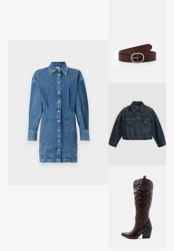 Dunkelblaue kurz geschnittene Jeansjacke mit Knopfleiste vorne, zwei Brustklappentaschen und klassischem Kragen, flach auf hellem Hintergrund dargestellt.; Denimhemdenkleid, hellblau, mit langen Ärmeln, Knopfleiste vorne, spitzem Kragen, seitlichen Nähten mit leichter Raffung und gestickten Details.; Hoher dunkelbrauner Leder-Cowboystiefel mit gestickten dekorativen Mustern, spitzer Spitze und gestapeltem Blockabsatz.; Brauner Leder Gürtel mit einer metallischen, runden Schnalle, glatter Textur, einer Reihe von Löchern zur Anpassung und minimalistischem Design.