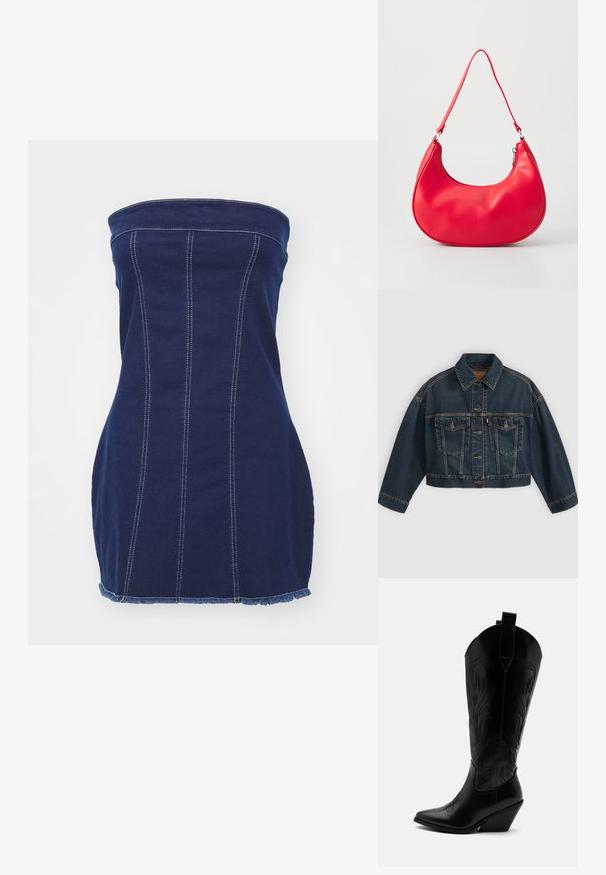 Mørkeblå kort denimjakke med knapper foran, to brystlommer med klapper og klassisk krave, vist fladt på lys baggrund.; Mørkeblå denim uden stropper med lodrette syninger, frynset kant og kontrastfuld hvid syning. Den tætsiddende design fremhæver silhuetten.; Sort læder cowboystøvle med spidst tåparti, skråt blokhælhæl, dekorative sømme og trækstropper øverst mod hvid baggrund.; Rød syntetisk læder skuldertaske med en buet form, slank rem og lynlås lukning. Glat tekstur med synlige syninger.