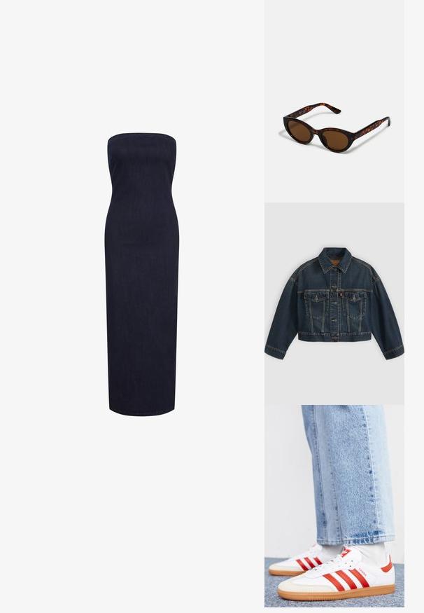 Chaqueta vaquera corta azul oscuro con cierre de botones delanteros, dos bolsillos de solapa en el pecho y cuello clásico, mostrada plana sobre fondo claro.; Vestido maxi sin tirantes, ajustado, en denim oscuro, con una silueta recta y una textura suave, sin cierres ni adornos visibles.; Zapatillas de cuero blancas con rayas y detalles rojos. Cuentan con una suela de goma texturizada y un collar acolchado. Llevadas con denim azul claro.; Gafas de sol de carey marrón con una forma vintage de ojo de gato y lentes marrones. Presentan brazos curvados con acentos rojos.