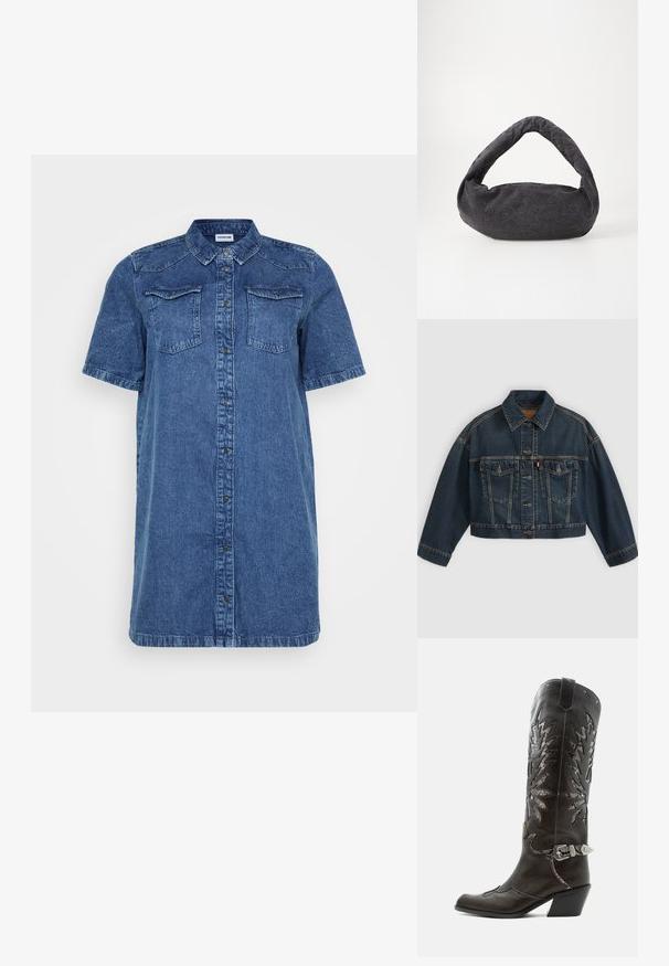 Mørkeblå kort denimjakke med knapper foran, to brystlommer med klapper og klassisk krave, vist fladt på lys baggrund.; Denim skjortekjole i mørkeblå, med korte ærmer, to brystlommer, knaplukning foran og lige snit.; Sort læder cowboystøvle med dekorative udskæringer, sølvspænde og skrå hæl, vist på hvid baggrund.; Mørkegrå stofpose med et buet håndtag, blød tekstur og rund form. Ingen synligt hardware eller pynt.