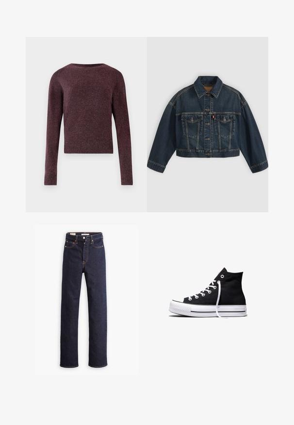 Mørkeblå kort denimjakke med knapper foran, to brystlommer med klapper og klassisk krave, vist fladt på lys baggrund.; Bordeaux strikket sweater med lange ærmer, rund halsudskæring, ribbede manchetter og kant, fremstillet i et blødt, struktureret stof i en let boxy form.; Mørkeblå straight-leg denim jeans med fem lommer og synlig orange syning på hvid baggrund.; Sort high-top canvas sneaker med hvid gummisål og hvide snørebånd, vist fra siden mod en hvid baggrund.