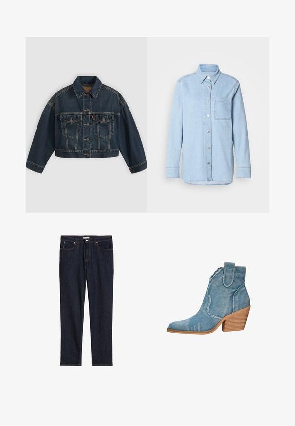 Dunkelblaue kurz geschnittene Jeansjacke mit Knopfleiste vorne, zwei Brustklappentaschen und klassischem Kragen, flach auf hellem Hintergrund dargestellt.; Himmelblaues Denim-Hemd mit Knopfverschluss, spitzem Kragen, einer Brusttasche und langen Ärmeln mit knöpfbaren Manschetten.; Dunkelblaue Jeans mit geradem Bein, Fronttaschen, Knopfverschluss und orangefarbigen Nähten.; Blaue Denim-Ankle-Boots mit spitzer Zehenform, distressed Textur und einem blockartigen Holzabsatz. Verfügt über seitliche Schlaufen für ein einfaches Anziehen.