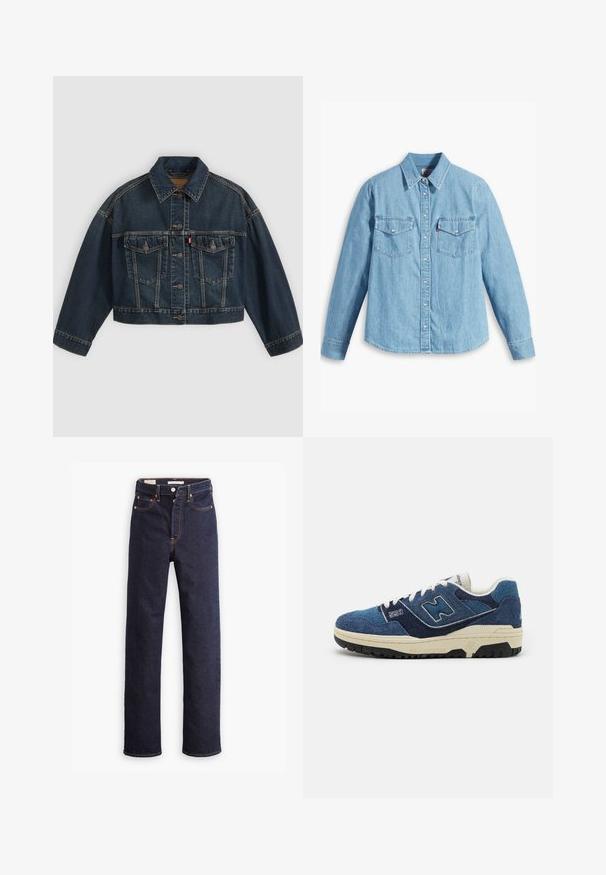 Dunkelblaue kurz geschnittene Jeansjacke mit Knopfleiste vorne, zwei Brustklappentaschen und klassischem Kragen, flach auf hellem Hintergrund dargestellt.; Helles blaues Denimhemd mit langen Ärmeln, spitzem Kragen, zwei Brusttaschen, Knopfleiste und subtiler Struktur. Keine sichtbaren Muster.; Dunkelblaue gerade geschnittene Denim-Jeans mit fünf Taschen und sichtbaren orangefarbenen Nähten auf einem weißen Hintergrund.; Blaue Wildledersneaker mit kontrastierenden marineblauen Einsätzen, weißen Schnürsenkeln und einer strukturierten schwarzen Gummisohle. Modellnummer "550" auf der Seite angezeigt.