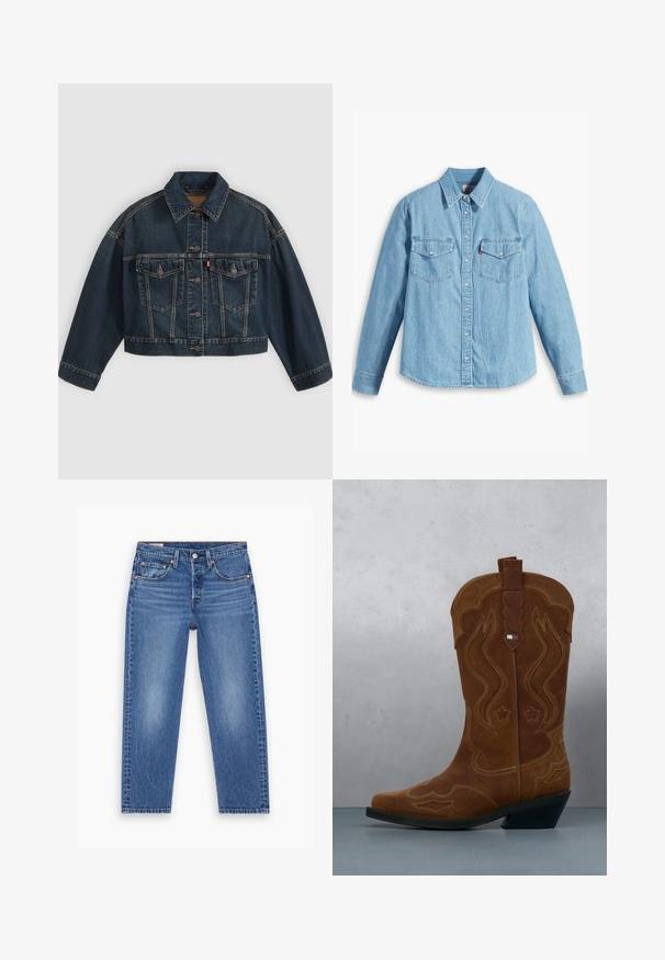 Mørkeblå kort denimjakke med knapper foran, to brystlommer med klapper og klassisk krave, vist fladt på lys baggrund.; Lyseblå denimskjorte med lange ærmer, spidse krave, to brystlommer, knaplukning og subtil tekstur. Ingen synlige mønstre.; Blå højtaljede lige ben jeans med frontknap, lynlås og fem-lomme design, vist fladt på en hvid baggrund.; Brun ruskind cowboystøvle med dekorativ syning og et flagemblem på skaftet, stående på et trægulv udendørs.