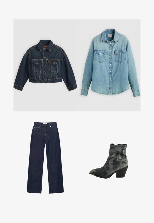 Mørkeblå kort denimjakke med knapper foran, to brystlommer med klapper og klassisk krave, vist fladt på lys baggrund.; Lyseblå denimskjorte med klassisk krave, knaplukning foran, to brystlommer og manchetter med knap samt en let buet kant forneden.; Mørkeblå straight-leg denimjeans med knap- og lynlåslukning, fem lommer og synlige kontrastsømme.; Sort og grå tekstureret ankelstøvle med spids tå, lav stablet hæl og lynlås lukning bagpå.