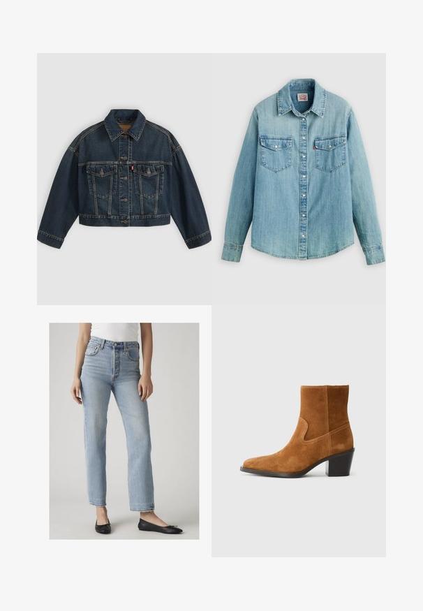 Veste en jean courte bleu foncé avec fermeture à boutons sur le devant, deux poches poitrine à rabat et col classique, présentée à plat sur fond clair.; Chemise en denim bleu clair avec un col classique, une fermeture à boutons sur le devant, deux poches poitrine, des poignets boutonnés et un ourlet légèrement arrondi.; Femme portant un jean bleu clair taille haute avec des jambes droites et des ballerines noires, debout devant un fond clair uni.; Bottine en daim marron avec un bout carré et un petit talon. Présente des accents cousus et une surface lisse et texturée.