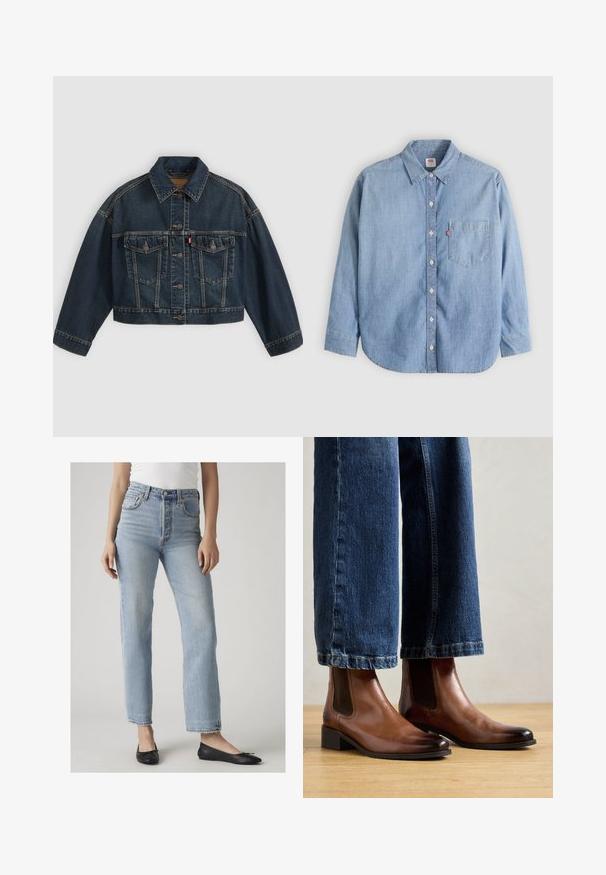 Mørkeblå kort denimjakke med knapper foran, to brystlommer med klapper og klassisk krave, vist fladt på lys baggrund.; Lyseblå denimskjorte med button-down-krave, forlompe og lange ærmer. Har en buet kant og en subtil tekstur.; Kvinde iført lyseblå jeans med høj talje og lige ben samt sorte balletsko, stående mod en ensfarvet lys baggrund.; Brune læder ankelstøvler med elastiske sidepaneler, firkantet tå og lav blokhæl, båret med blå denim jeans. Hårdttrægulv nedenfor.
