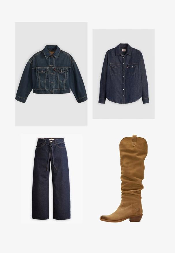 Donkerblauw cropped spijkerjasje met knoopsluiting aan de voorkant, twee borstzakken met klep en klassieke kraag, plat neergelegd op een lichte achtergrond.; Donkerblauwe denim overhemd met lange mouwen, kraag met knopen aan de voorkant, twee borstzakken met kleppen en contrasterende gele stiksels.; Wijd pijpjes donkerblauwe denim jeans met een hoge taille, voorzien van een trekkoord, vijf zakken en contrasterende stiksels.; Lichtbruine suède kniehoog laars met een slouchy ontwerp, pointed toe en een gestapelde hak. Voorzien van een lus aan de bovenkant voor gemakkelijker aan- en uittrekken.