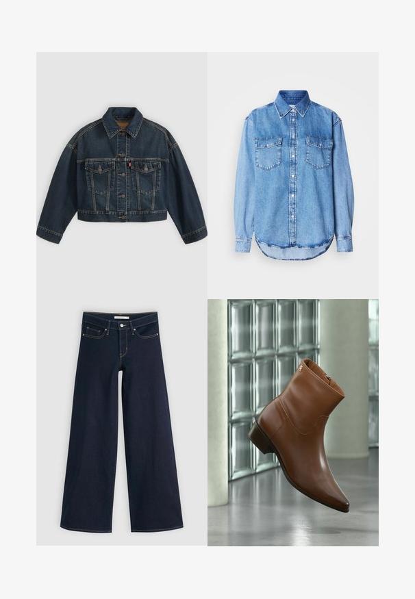 Chaqueta vaquera corta azul oscuro con cierre de botones delanteros, dos bolsillos de solapa en el pecho y cuello clásico, mostrada plana sobre fondo claro.; Camisa vaquera de color azul claro, con cuello clásico, cierre frontal con botones, dos bolsillos en el pecho y dobladillo redondeado con detalles de costura.; Jeans de pierna ancha en denim oscuro con costuras naranjas, cierre de botón, dos bolsillos frontales y una textura suave. Presenta un dobladillo limpio.; Botín de cuero marrón con tacón bajo y cremallera lateral, mostrado sobre un fondo de bloques de vidrio y superficie de suelo lisa.