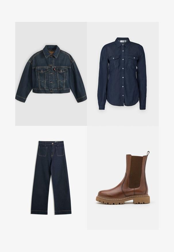 Dunkelblaue kurz geschnittene Jeansjacke mit Knopfleiste vorne, zwei Brustklappentaschen und klassischem Kragen, flach auf hellem Hintergrund dargestellt.; Marineblaues Hemd mit Knopfleiste aus leichtem Stoff, ausgestattet mit zwei Vorderaschen, langen Ärmeln und einem klassischen Kragen mit abgerundetem Saum.; Dunkelblaue weite Jeans aus Denim mit kontrastierendem hellbraunem Nähen, zwei Gesäßtaschen und einem Knopfverschluss an der Taille.; Braune Leder-Ankle-Boots mit elastischen Einsätzen und einem Ziehschlaufe. Sie verfügen über eine robuste Gummisohle und sichtbare Nahtdetails entlang der Kanten.