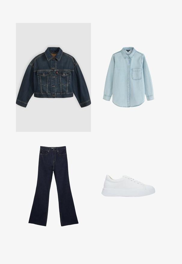 Dunkelblaue kurz geschnittene Jeansjacke mit Knopfleiste vorne, zwei Brustklappentaschen und klassischem Kragen, flach auf hellem Hintergrund dargestellt.; Hellblaues Jeanshemd mit langen Ärmeln, Knopfleiste, einer Brusttasche vorne und klassischem Kragen, dargestellt vor weißem Hintergrund.; Dunkelblaue Jeans mit ausgestelltem Bein, ausgestattet mit einem klassischen Fünf-Taschen-Design und sichtbaren Nähten. Der Stoff hat eine glatte Textur mit minimalen Verblassungen.; Weiße Leder-Sneaker mit runder Zehenpartie, flachen Schnürsenkeln und einer dicken Gummisohle. Glatte Oberfläche mit minimalen Nähdetails.