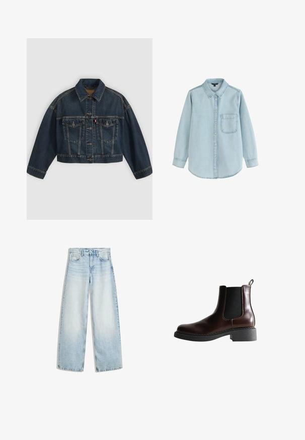 Mørkeblå kort denimjakke med knapper foran, to brystlommer med klapper og klassisk krave, vist fladt på lys baggrund.; Lyseblå denim langærmet knap-op skjorte med en brystlomme foran og klassisk krave, vist på en hvid baggrund.; Lyseblå denim bukser med vid ben, høj talje, fem lommer, knaplukning og en falmet finish. Har lige, løse ben.; Brune læder ankelstøvle med elastiske sidepaneler, rund tå og en struktureret sort gummisål. Har kontrasterende syninger og en trækflap.