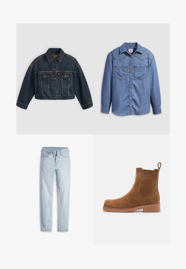 Donkerblauw cropped spijkerjasje met knoopsluiting aan de voorkant, twee borstzakken met klep en klassieke kraag, plat neergelegd op een lichte achtergrond.; Lichtblauw denimshirt met een puntkraag, twee borstzakken en drukknopen. Voorzien van een westernstijl yoke-ontwerp.; Lichtblauwe denim jeans met een hoge taille, vijf zakken, knoopsluiting en rechte pijpen. Heeft subtiele vervagingen en een gestructureerde afwerking.; Bruine suède enkellaars met elastische zijpanelen en een lusje, met een ronde neus en een gestapelde hak in een lichte houtkleur.