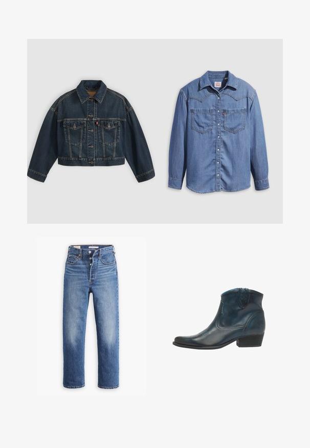 Chaqueta vaquera corta azul oscuro con cierre de botones delanteros, dos bolsillos de solapa en el pecho y cuello clásico, mostrada plana sobre fondo claro.; Camisa de mezclilla azul claro con cuello puntiagudo, dos bolsillos en el pecho y botones a presión. Presenta un diseño de canesú estilo occidental.; Vaqueros de mezclilla azul con cintura alta, diseño de pierna recta y áreas desgastadas. Presentan bolsillos frontales y herrajes de metal.; Botas de cowboy hasta el tobillo, hechas de cuero azul oscuro, con punta afilada, acentos curvados y un tacón bajo apilado con sutiles detalles de costura.