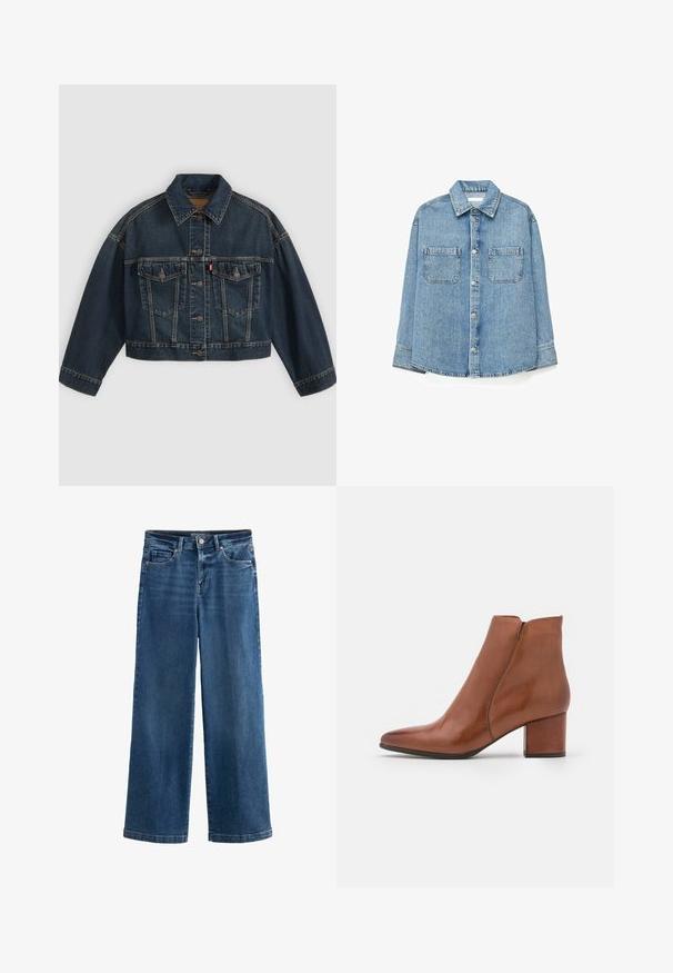 Dunkelblaue kurz geschnittene Jeansjacke mit Knopfleiste vorne, zwei Brustklappentaschen und klassischem Kragen, flach auf hellem Hintergrund dargestellt.; Hellblaues Jeanshemd mit Knöpfen, zwei Brusttaschen und langen Ärmeln, auf weißem Hintergrund dargestellt.; Blaue weit geschnittene Jeans aus Denim mit hoher Taille, fünf Taschen, subtilen Abnutzungserscheinungen, Knopfverschluss und kontrastierenden Nähten.; Braune Leder-Ankle-Boots mit spitzem Zehenbereich, mittelhohem Blockabsatz und minimaler Nahtgestaltung. Glatte Textur mit polierter Oberfläche.