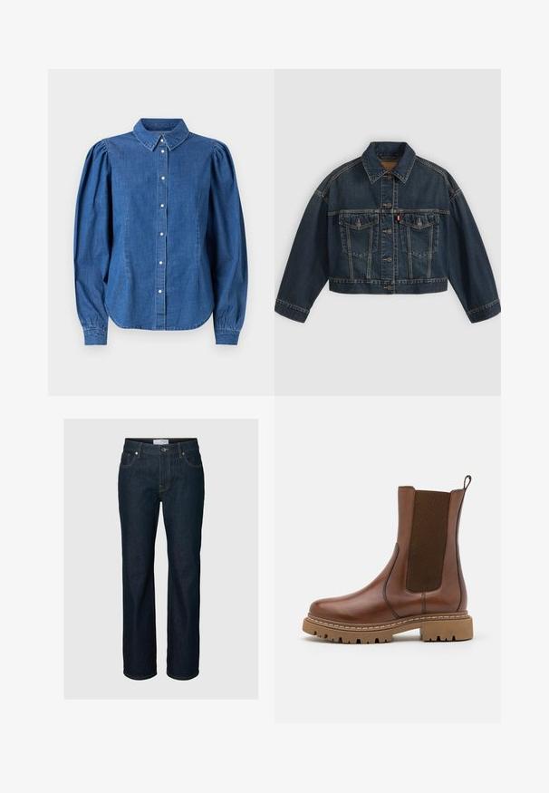 Donkerblauw cropped spijkerjasje met knoopsluiting aan de voorkant, twee borstzakken met klep en klassieke kraag, plat neergelegd op een lichte achtergrond.; Denim shirt in een lichtblauwe kleur, met een knoopsluiting aan de voorkant en een op maat gemaakte kraag. Heeft opgezette lange mouwen en een gebogen zoom.; Donkerblauwe straight-leg spijkerbroek met vijf zakken, knoopsluiting en contraststiksels, afgebeeld op een effen achtergrond.; Bruine leren enkelboot met elastische panelen en een trekomed. Kenmerkt zich door een robuuste rubberen zool en zichtbare stiksels langs de randen.