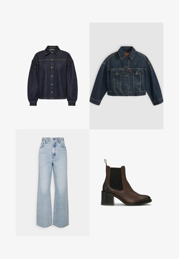 Veste en jean courte bleu foncé avec fermeture à boutons sur le devant, deux poches poitrine à rabat et col classique, présentée à plat sur fond clair.; Chemise en denim bleu foncé avec des manches longues bouffantes, boutonnée à l'avant et avec des coutures jaunes contrastantes sur la poitrine et les manches.; Jean large en denim bleu clair avec taille haute, design classique à cinq poches et couture contrastante. Détail de ourlet brut en bas.; Bottes cheville en cuir marron avec panneaux latéraux élastiques, talon bloc, texture lisse et languette à l'arrière pour un enfilage facile.